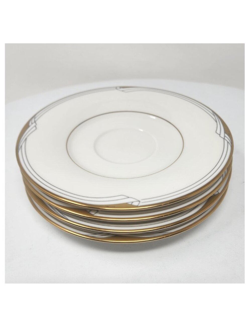 4 Noritake Golden Cove Saucers Fine China 7719 Made Japan Cream Grey Gold Rim